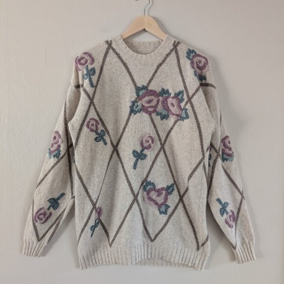 Wool Blend Embroidered Floral Cottagecore Sweater - Beige‎ Diamond Pattern - Picture 1 of 9